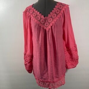 Indigo Soul Top/Tunic Women Size M Bright Pink Embroidered Neckline Sleeve & Hem